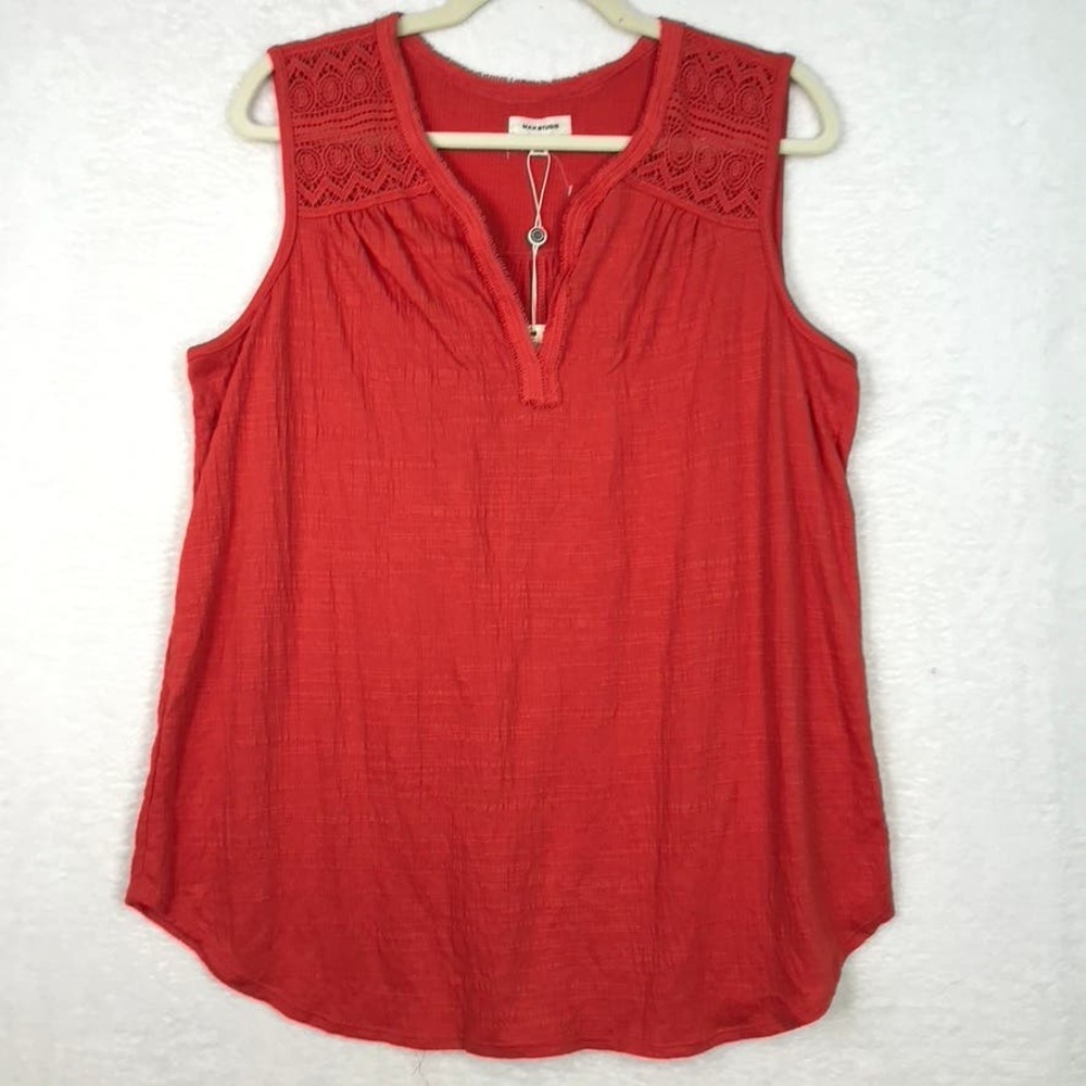 Max Studio Blouse 1X Orange Red Tank Top Crochet Flowy Pleated V Neck Sleeveless